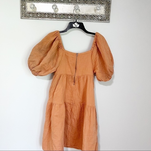 Louna Rust Tiered Puff Sleeve Smocked Mini Dress Size Small - Picture 9 of 12